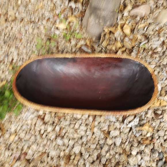 VTG Large Wooden Decorative Oval Bowl Hand Crafted with Rattan Woven Edge - Picture 8 of 11